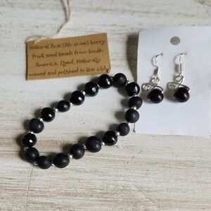 Natural Acai Black Beaded Bracelet and Earring Set